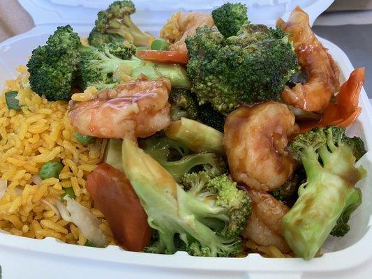 Shrimp broccoli with vegetables fried rice.   Taste soo good!