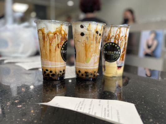 Crème Brûlée with Honey Boba and Pudding (far right) First two are Brown Sugar Green Milk Tea w. Cream and Boba.  To freaking Die For!!!