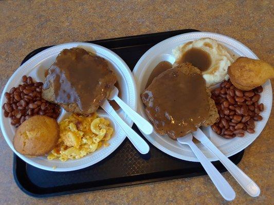 Country fried steak with pinto beans and mac & cheese