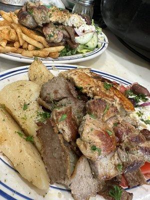 Mixed grill platter pork kebob, Chicken kebob & lamb/eef gyro ! Greek salad, choice of rice, fries or lemon potatoes !