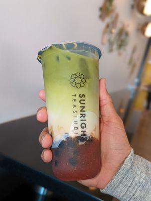 Strawberry matcha latte with oat milk and boba. 5 out of 5