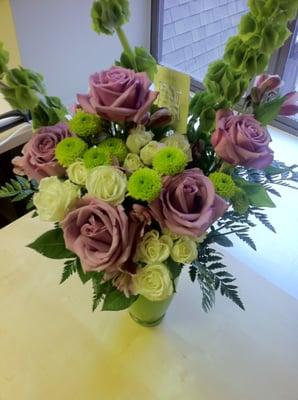 Lovely Lavender Bouquet - lavender roses, alstroemeria, white spray roses, bells of Ireland, green frosted vase. Photo by Vyvy.