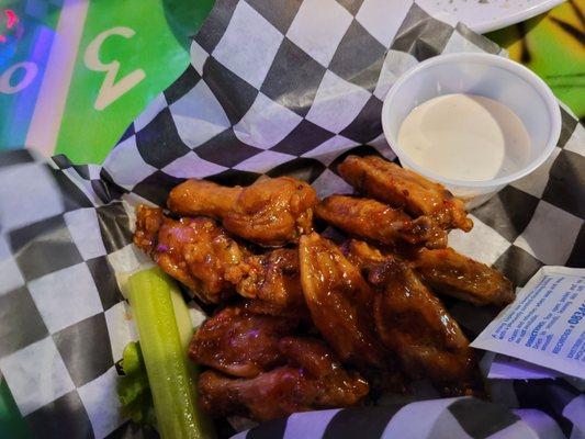 Mango habenero wings with blue cheese dressing