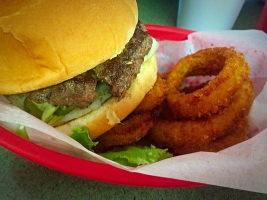 Burger with the works & Onion Rings