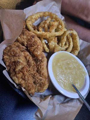 Chicken tenders,  fantastic onion rings & apple sauce