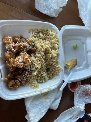 Sesame chicken with rice and pork eggroll