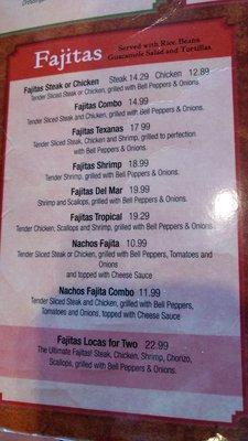 Fajita menu