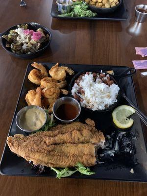 Fried Catfish and Shrimp platter. Red beans and rice. Fried Parm Brussels.