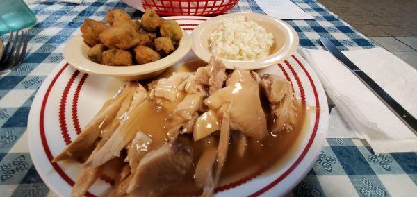 Turkey with dressing sides coleslaw and fried okra