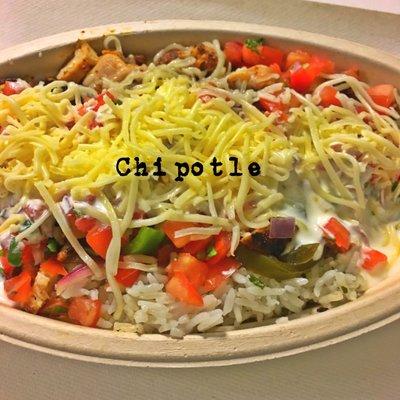 White Rice Bowl with Grilled Chicken, Veggies, Cheese, Salsa, Sour Cream