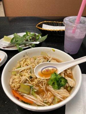 Spicy chicken ramen and taro smoothie