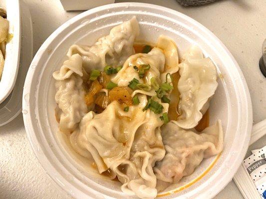 Spicy Chicken Dumplings with Peanut Sauce