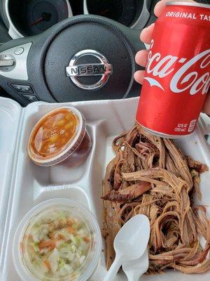 Baked beans coleslaw bbq brisket. And a drink all for $10.00 the rub is delicious.