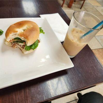 Breakfast Bagel and Iced Coffee