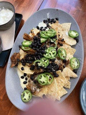 His is there nachos with some sort of burnt meat