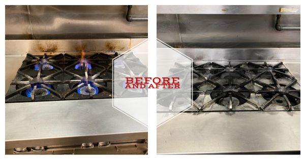 Kitchen burners before and after cleaning by Guardian Services.