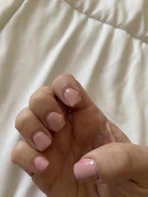 This is one week after my appointment. Nails all a different length. Chips everywhere and polish lifting off. Also very dull.