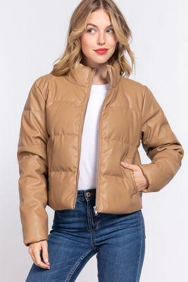 High Neck Quilted PU Puffer Jacket