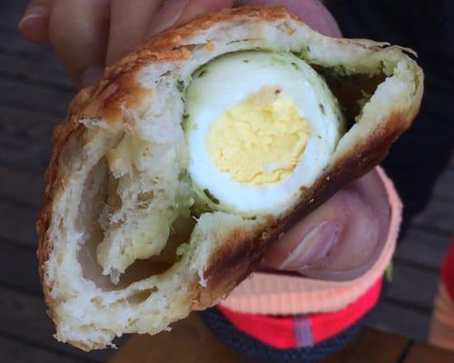 How interesting, pesto egg croissant has one whole boiled egg in it!