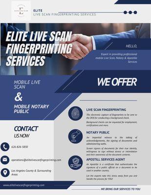 Elite Live Scan Fingerprinting Services offers Mobile Live Scan, Notary & Apostille Services