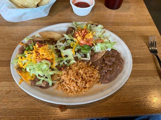 Lunch Special #7. Two tostadas with rice & beans