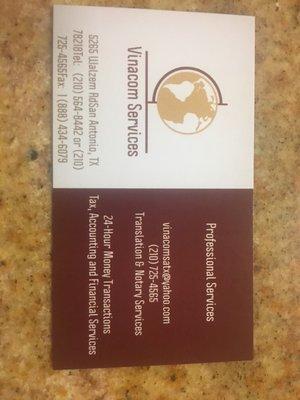 Professional business card with contact info and services offered.