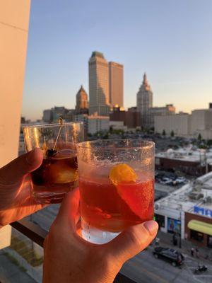 Old fashion and communion (gin / aperol) drinks overlooking downtown