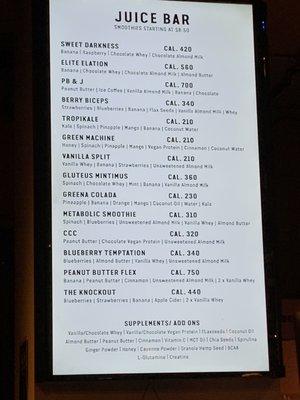 juice bar menu as of 1/21/20