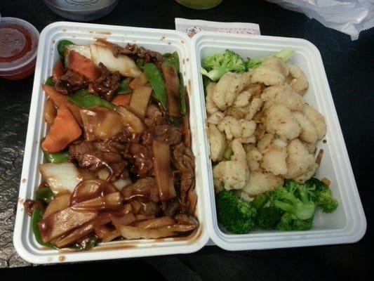 Left: beef in oyster sauce, right: salt and pepper fish filets.