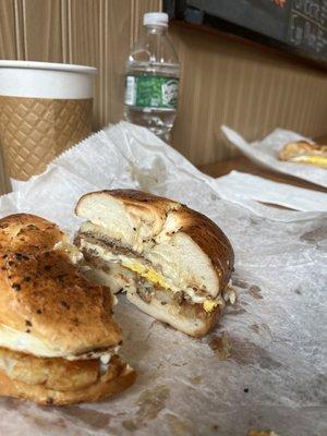 Steak Bomb on everything bagel...pepperjack cheese and habanero sauce (not as hot as I thought it would be...it's perfect!)