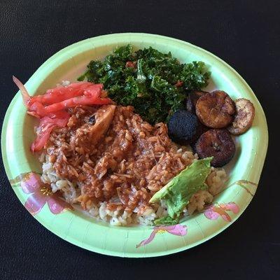 BBQ Jackfruit Special with Coconut Rice, Baked Plantains, and Kale Salad...Jackfruit tasted like Chicken