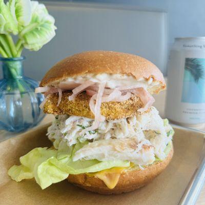 Fried Green Tomato Dungness Crab Melt with Butter Lettuce and Pickled Shallots