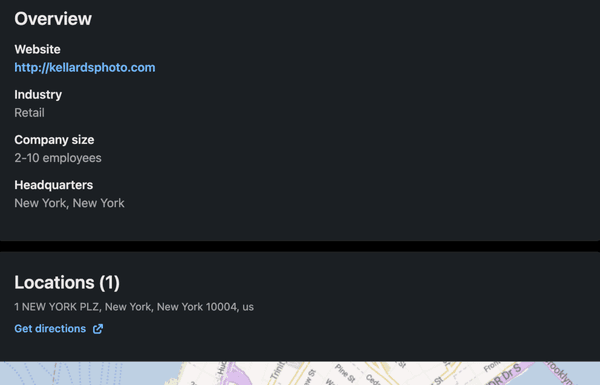 Fraudulent LinkedIn profile for Kellards listing their address as 1 NEW YORK PLZ, New York, New York 10004 - no store at this location