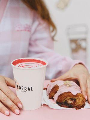 Almond Milk Latte with Pink  + Strawberry Croissant