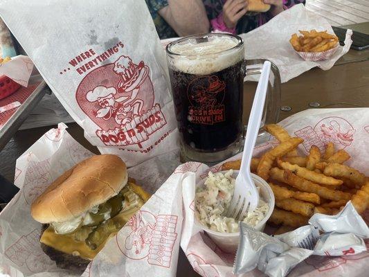 Bacon chz burger with crinkle cut fries and slaw.