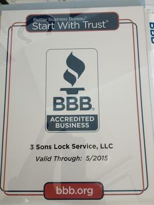 Better Business Bureau accreditation certificate.