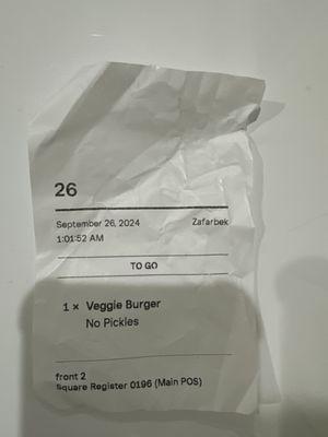 Receipt that shows I ordered veggie burger