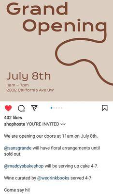 Grand opening today 7/8/23. Website goes live 7/9/23 per their IG post. (7/8/23)