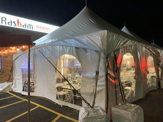 Ramadan buffet tent with flaming tower heaters!