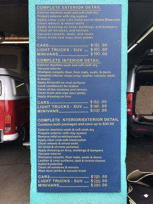 Car wash options with prices