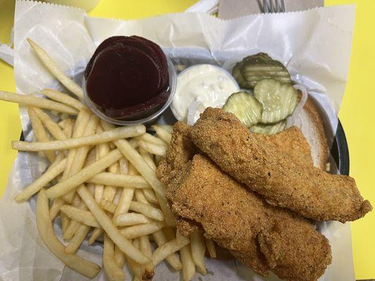 Fish dinner with fries and beets ridiculously good and crispy