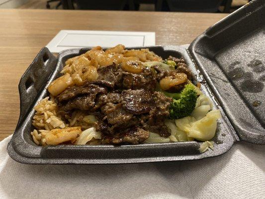 Beef and Shrimp Teriyaki with fried rice