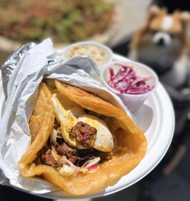 Ma'lawah Sabich w/ sliced hard boiled egg, roasted eggplant, hummus, cabbage, schug, tahini, amba sauce | $20 (vegetarian)