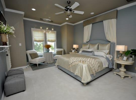 Serene Guest Suite, blue bedroom, custom bedding, cream and white color scheme