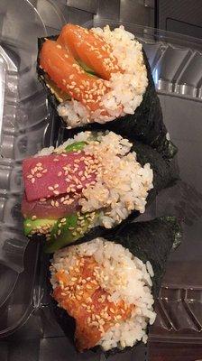 When you try to make Chinese carry out look fancy (tuna and salmon hand rolls)