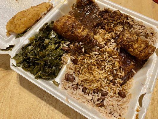 Jerk Swai, greens, rice and peas (beans)