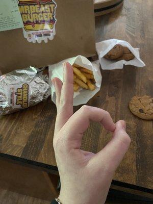 MrBeast fries, Chandler style burger, cookies.