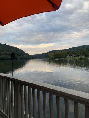 Outside: Patio overlooking river on a late summer evening