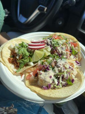 Fish, shrimp, and spicy chicken taco!  yummy in my tummy