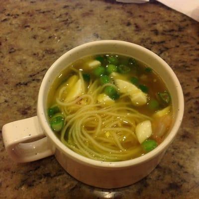 Rice noodles, Wonton soup, peas & eggs from salad bar. Last couple times the peas have been frozen and barely warmed in the soup